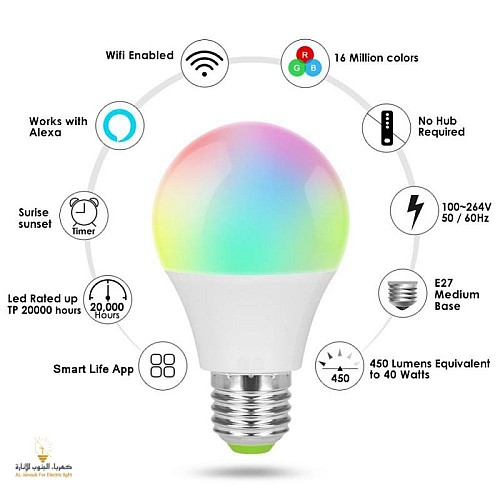 اللمبة الذكيه متعددة الألوان بخاصية التحكم السلس عن بعد من خلال الجوال 9 واط E27 | LED Smart Bulb